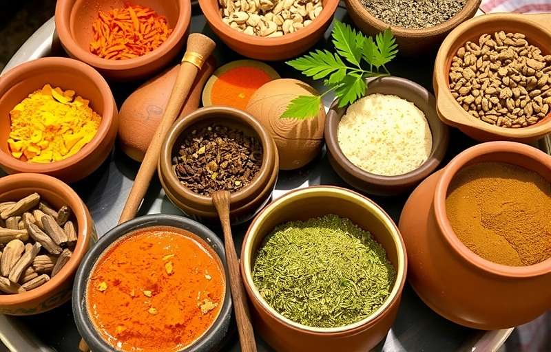 Various Indian spices displayed in traditional clay pots as featured in Fennel Foray Indian Route